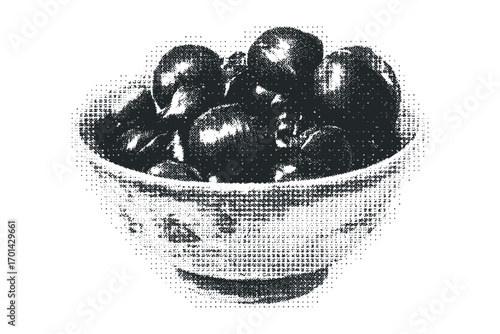 Bowl of dark fruit with halftone dots texture. Vector hand drawn illustration