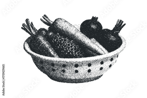 Collection of vegetables in a colander. Vector hand drawn illustration