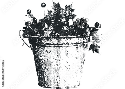 Grungy Textured Bucket Filled with Autumn Leaves. Vector hand drawn illustration