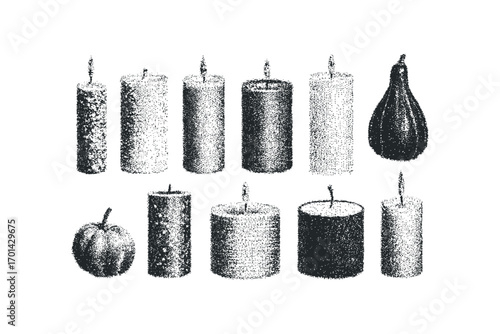 Collection of various cylinder and pumpkin shape candles. Vector hand drawn illustration