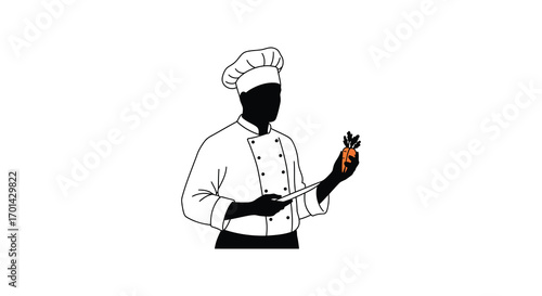 chef holding carrot in hand wearing white uniform