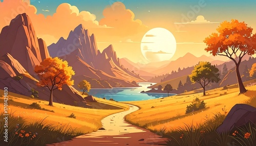 Scenic path leads to mountains and sunrise.