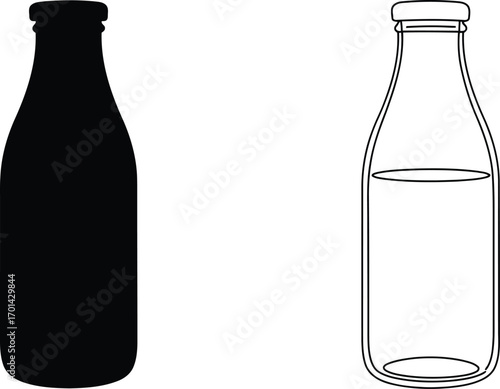 Glass milk bottle silhouette and outline vintage beverage container vector
