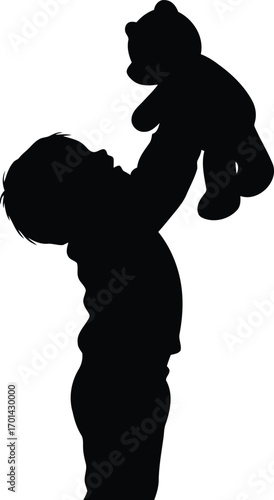 Joyful child silhouette tosses teddy bear upwards vector