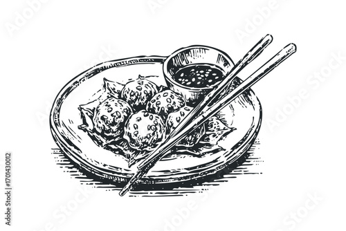 Pangsit image on white background. Vector hand drawn illustration