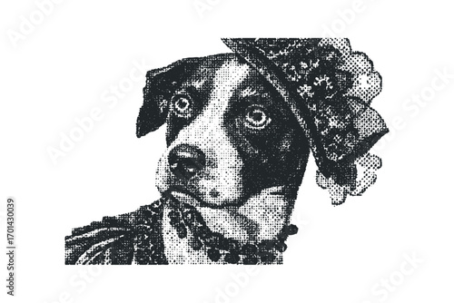 Dog Wearing Hat and Necklace Stippled Texture. Vector hand drawn illustration