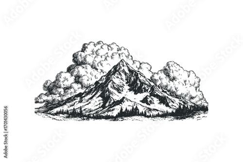 Sketch of a Majestic Mountain Peak Surrounded by Puffy Clouds and Pine Trees on a Transparent. Vector hand drawn illustration