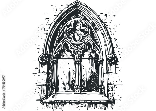 Gothic archway with ornate tracery and stone pillars on transparent. Vector hand drawn illustration
