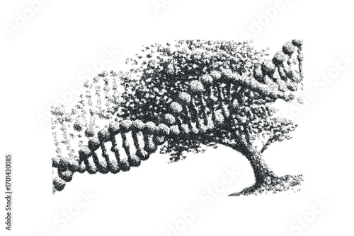 Tree shape formed from DNA double helix structure and small dots. Vector hand drawn illustration