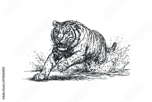 Dynamic Sketch of a Tiger Running Through Water Splashes. Vector hand drawn illustration