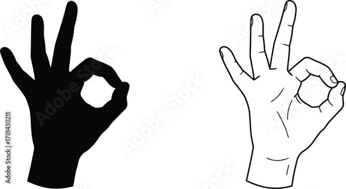 Ok hand gesture silhouette and sketch perfect sign approval agreement vector