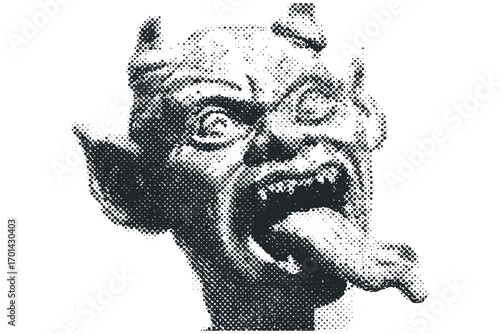 Monstrous face with tongue out, halftone dot graphic,. Vector hand drawn illustration