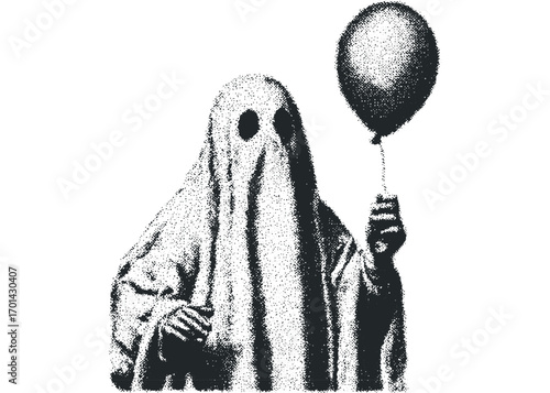 Ghost holding a single balloon on a white background. Vector hand drawn illustration