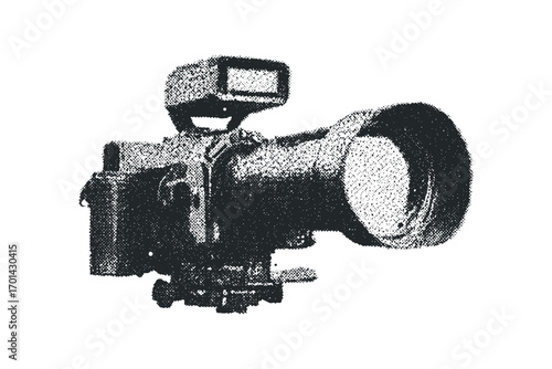 Vintage film camera with flash unit on tripod. Vector hand drawn illustration