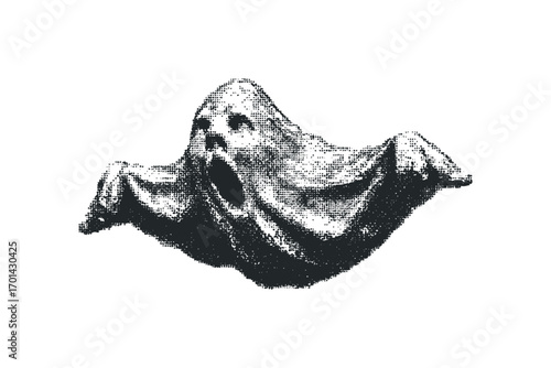 Scary ghost form with open mouth on transparent background. Vector hand drawn illustration