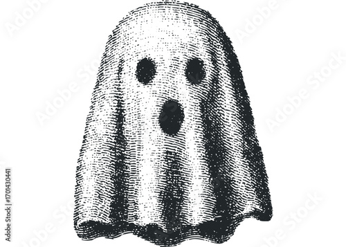Halftone ghost with surprised expression image. Vector hand drawn illustration