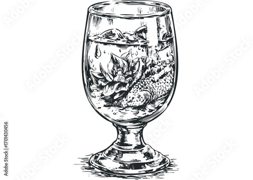 Engraved glass with ice and floating exotic lizard and lotus flower. Vector hand drawn illustration