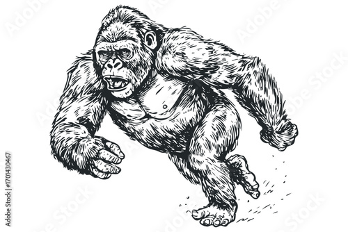 Gorilla ape running action. Vector hand drawn illustration