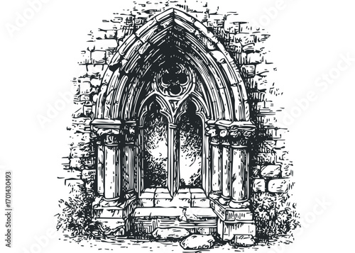 Gothic Archway Entrance Image with Stone Wall Texture. Vector hand drawn illustration