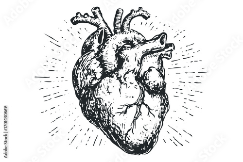 Hand drawn anatomical heart with radiating lines image. Vector hand drawn illustration