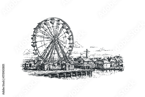Sketch of a Ferris Wheel and Amusement Park Buildings on a Pier. Vector hand drawn illustration