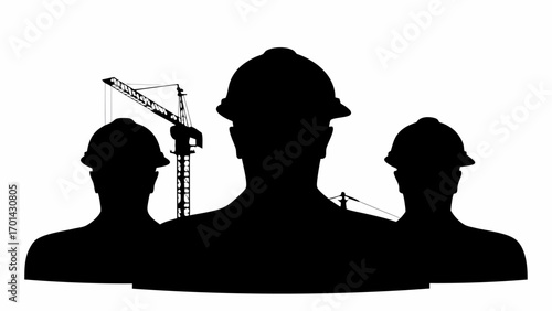 Silhouette of three construction workers with hard hats and a crane in the background on a white backdrop