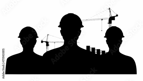 Silhouette of three construction workers with hard hats and cranes in the background on a white background