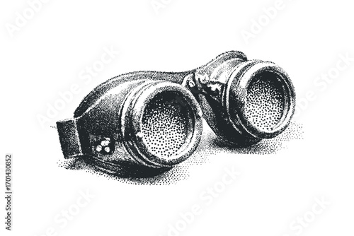 Antique goggles rendered in stippling technique on transparent background. Vector hand drawn illustration