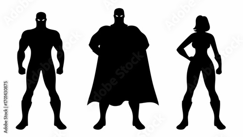 Three superhero silhouettes standing in a row with capes and costumes against a white background design vector