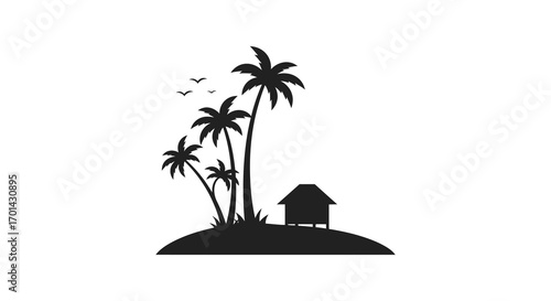 a serene tropical island scene with palm trees and small hut