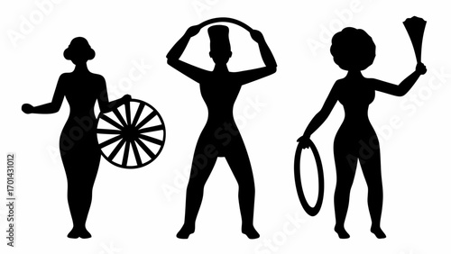 Silhouettes of three performance artists with props wheel hoop and fan in black on a white background image