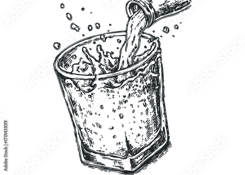 Hand drawn sketch of liquid pouring into a glass, splash and bubbles. Vector hand drawn illustration