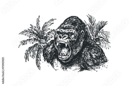 Aggressive Gorilla Roaring Amongst Tropical Leaves. Vector hand drawn illustration