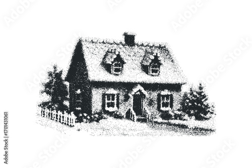 Stippled country cottage with picket fence and evergreen trees. Vector hand drawn illustration