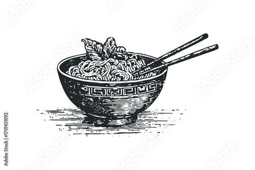 Ink drawing of a bowl of noodles with chopsticks on transparent background. Vector hand drawn illustration