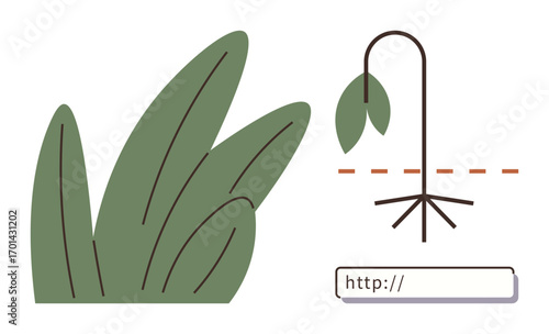 Wilting plant with a severed connection line beside browser address bar box. Ideal for digital disconnection, sustainability, environmental impact, technology dependency, climate issues