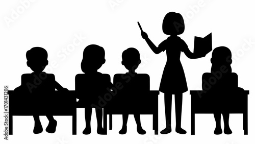 Silhouette of a teacher with a book and pointer teaching students sitting at desks in a classroom scene