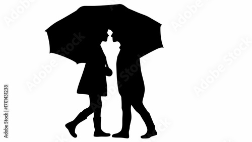 Silhouette of a couple walking under an umbrella in black and white with a romantic and intimate feel