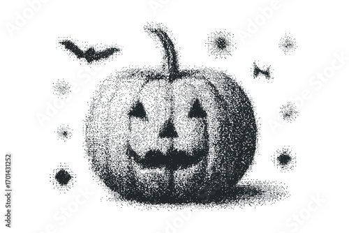 Haloween carved pumpkin with flying bats on transparent background. Vector hand drawn illustration