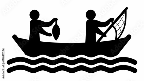 Illustration of two stick figures in a boat on wavy water one holding a net and the other a fish bag silhouette