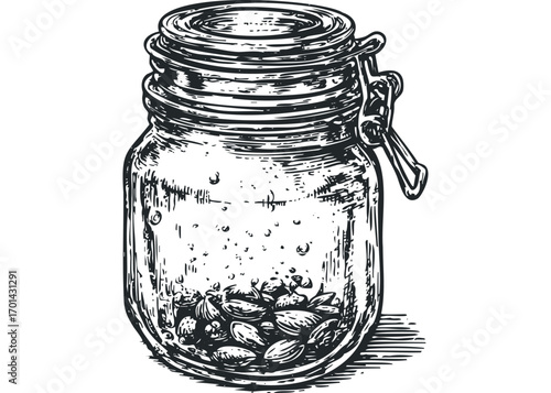 Glass jar with lid and contents on a transparent background. Vector hand drawn illustration