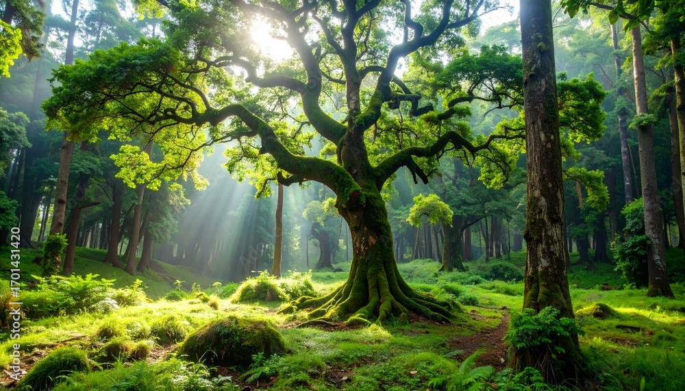 Fototapeta premium Forest scene with large oak tree, and sunlight.