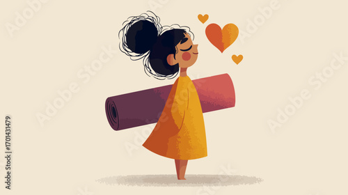 Illustration of a woman with a yoga mat and hearts
