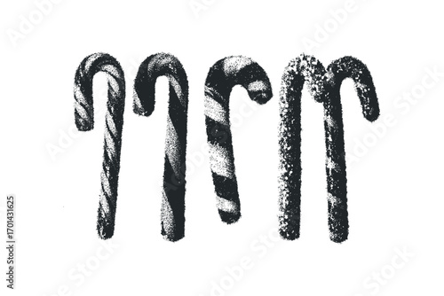 Four textured candy canes on a transparent background. Vector hand drawn illustration