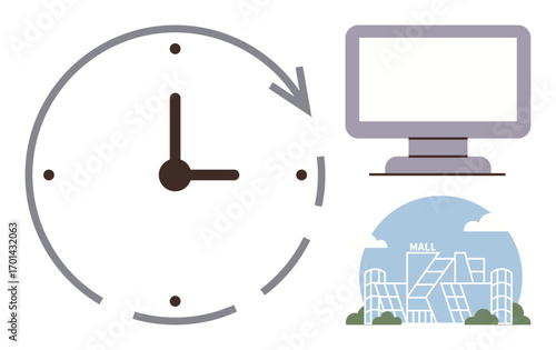 Clock with circular arrow, desktop monitor, and mall illustration conveying time efficiency, digital work, consumerism, and urban life. Ideal for scheduling, productivity, retail planning time