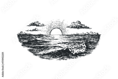 Sun rising over choppy ocean waves. Vector hand drawn illustration