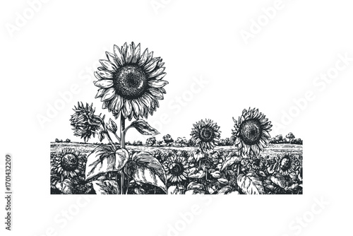 Hand drawn sketch of a field of sunflowers in bloom on a transparent background. Vector hand drawn illustration