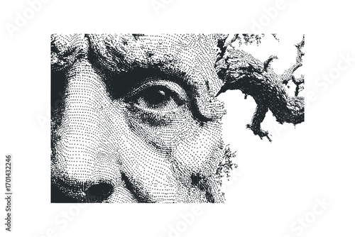 Stipple textured ancient face fragment with tree branch abstract overlay. Vector hand drawn illustration