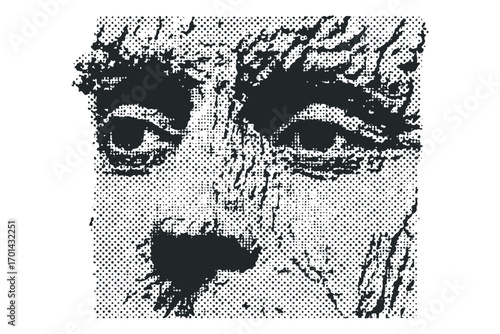 Monochromatic expressive abstract face with halftone dots texture. Vector hand drawn illustration