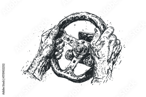 Hands gripping steering wheel with dynamic sketch effect on transparent. Vector hand drawn illustration